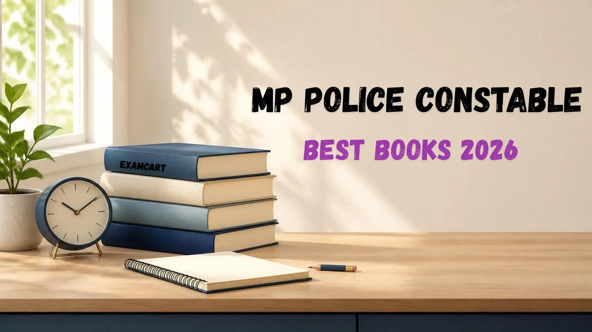 Stack of Hindi exam preparation books beside a notebook and pencil, for MP Police Constable 2026 study