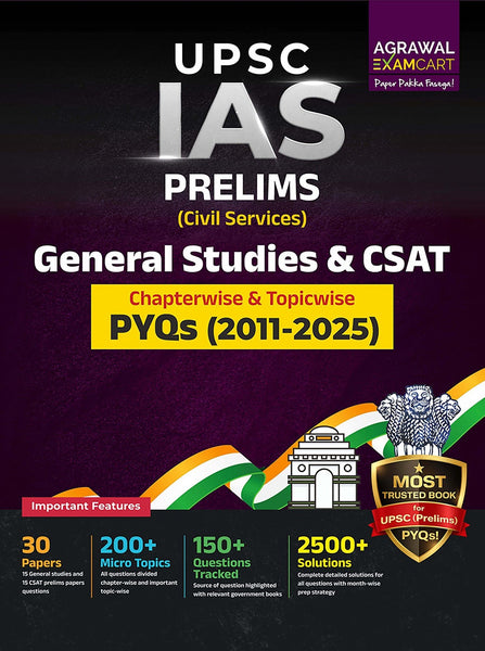 Examcart UPSC IAS Prelims PYQs (2011–2025) English Medium | General Studies & CSAT | 2500+ Chapterwise & Topicwise Solved Questions with Detailed Explanations | Month-wise Preparation Strategy | UPSC Civil Services Exam Book