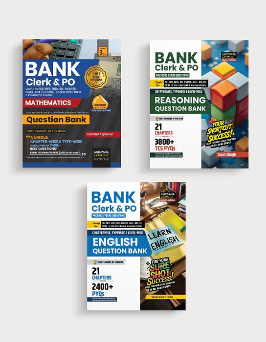 Examcart Bank Clerk & PO Maths By Harshal Sir+ Reasoning By Tanvi Chugh Ma'am + English Question Bank By Satyendra Tiwari For Bank Exams in English (3 Books Combo)