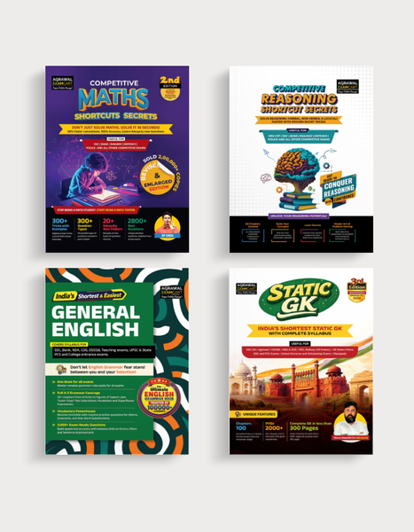 Examcart Competitive Reasoning Shortcut Secrets + Math Text Book By DP Singh Sir + General English + Static GK Textbook By Varun Awasthi Sir in English Medium (4 Books Combo)