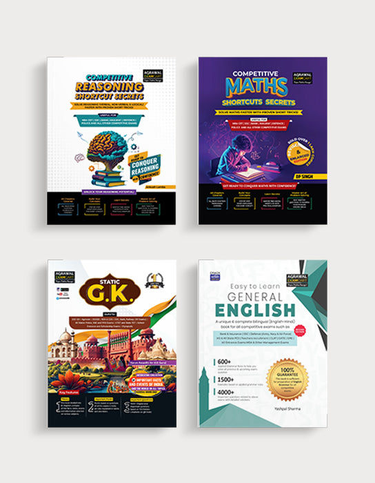 Examcart Competitive Reasoning Shortcut Secrets + Math Text Book By DP Singh Sir + General English + Static GK Textbook in English for 2024 Exam (4 Books Combo)