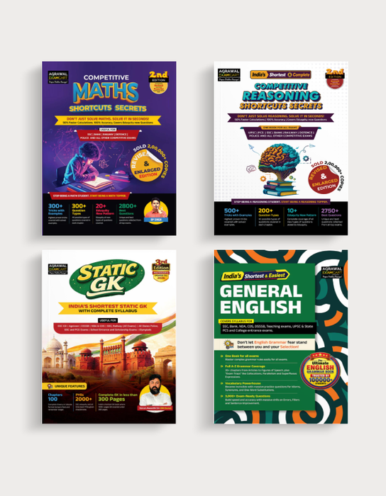 Examcart Competitive Reasoning Shortcut Secrets + Math Text Book By DP Singh Sir + General English + Static GK Textbook By Varun Awasthi Sir in English Medium (4 Books Combo)