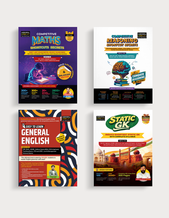 Examcart Competitive Reasoning Shortcut Secrets + Math Text Book By DP Singh Sir + General English + Static GK Textbook By Varun Awasthi Sir in English Medium (4 Books Combo)