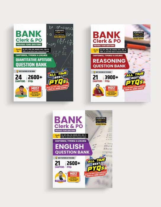Examcart Bank Clerk & PO Quantitative Aptitude by Harshal Agrawal Sir + English Language by Satyendra Tiwari Sir + Reasoning by Tanvi Chugh Ma'am for 2025 Exam in English Medium (Set of 3 Books)