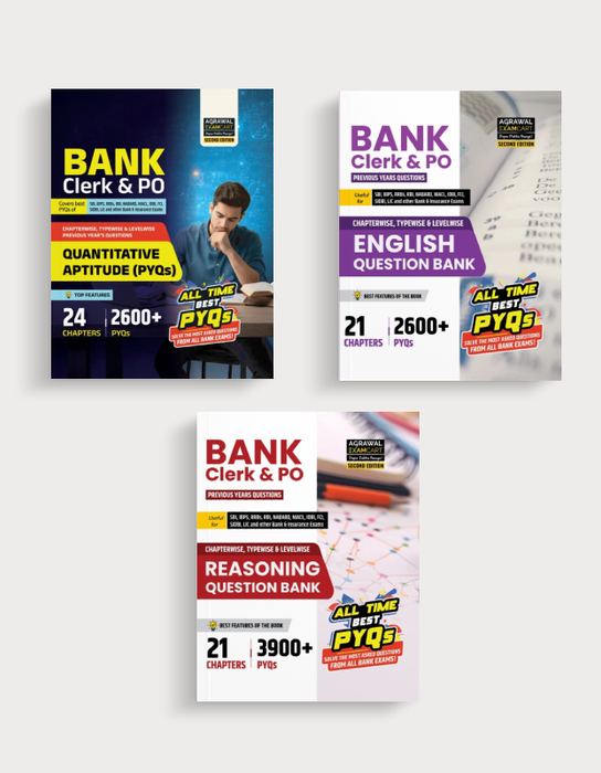 Examcart Bank Clerk & PO Quantitative Aptitude by Vikas Jangid Sir + English Language by Satyendra Tiwari Sir + Reasoning by Tanvi Chugh Ma'am for 2026 Exam in English Medium (Set of 3 Books)