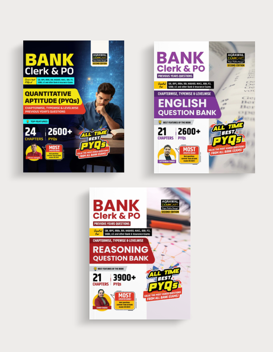Examcart Bank Clerk & PO Quantitative Aptitude by Vikas Jangid Sir + English Language by Satyendra Tiwari Sir + Reasoning by Tanvi Chugh Ma'am for 2025 Exam in English Medium (Set of 3 Books)