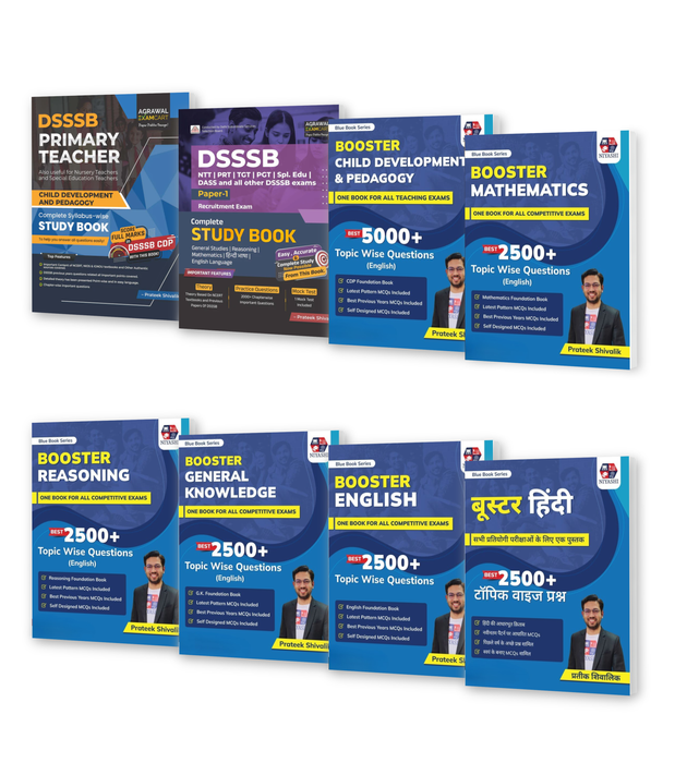 DSSSB (PRT) CDP Text Book + DSSSB Paper 1 Guide Book + Blue Book Series Booster CDP + Mathematics +  Reasoning +  GK +  English and Hindi Books By Prateek Shivalik ( 8 Books Combo)