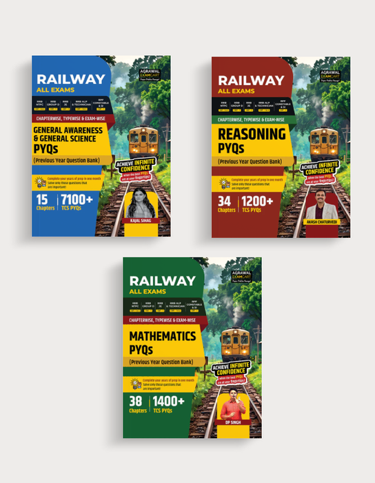 Examcart All Railway Exams PYQs Combo Book 2026 By Kajal Sihag, DP Singh, Akash Chaturvedi | Maths, Reasoning & General Awareness & General Science | For RRB NTPC, Group D, ALP, JE & RPF SI/Constable (English) (Set of 3 Books)