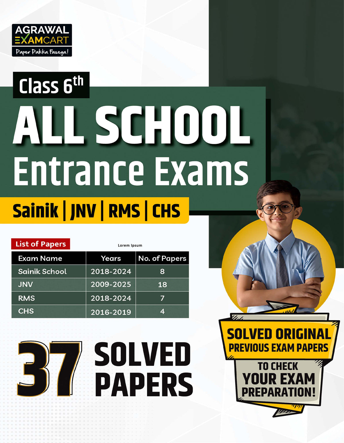Examcart Class 6 All School Entrance Exams (JNV, Sainik, RMS, CHS & Simultala) Solved Papers Book For 2026 Exam (English Medium)