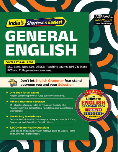 Examcart Latest General English Book For All Competitive Exams 2026 | SSC, Banking, NDA, CDS, DSSSB, Teaching Exams, UPSC & State PCS and College Entrance Exams