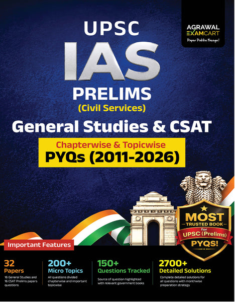 Examcart UPSC IAS Prelims PYQs (2011–2025) English Medium | General Studies & CSAT | 2500+ Chapterwise & Topicwise Solved Questions with Detailed Explanations | Month-wise Preparation Strategy | UPSC Civil Services Exam Book