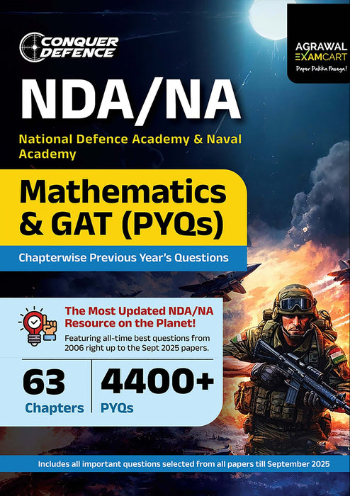 Book cover of NDA/NA Mathematics & GAT (PYQs) by Conquer Defence with a soldier and military-themed design.